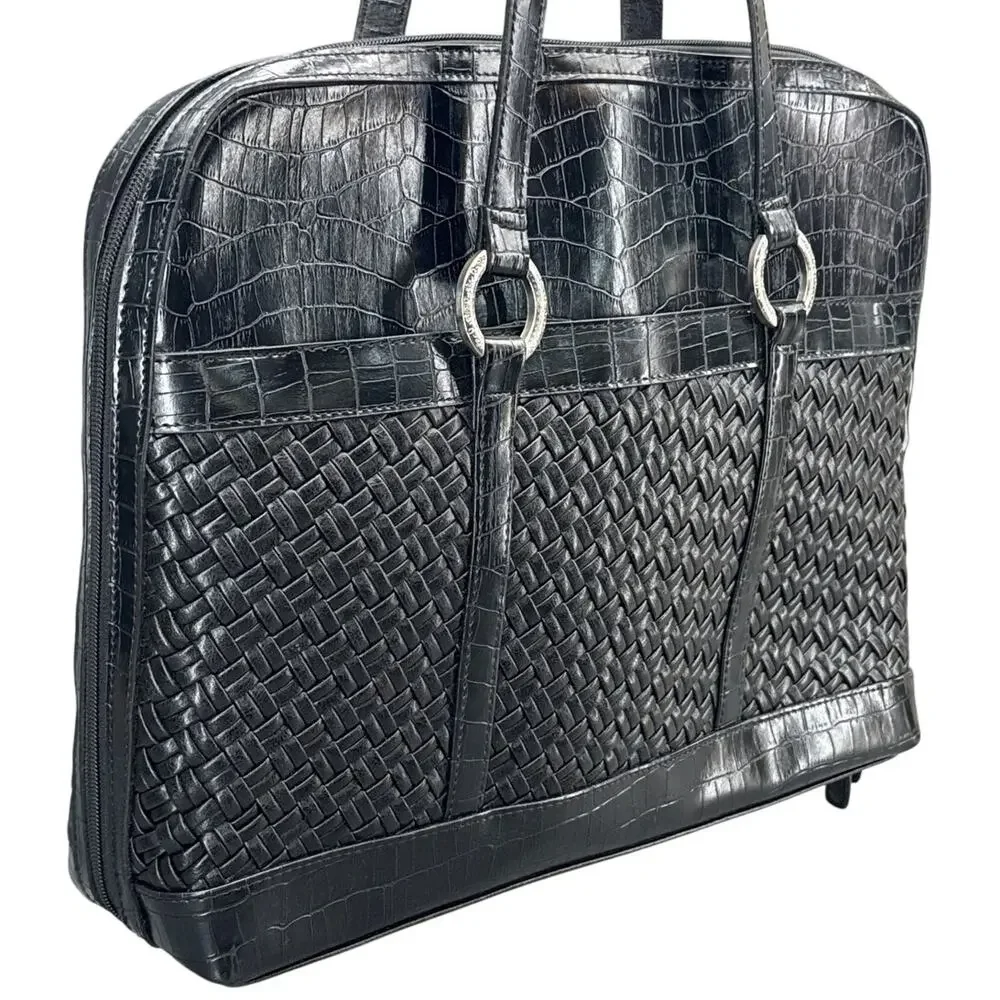 Coldwater Creek Black Faux Croc Woven Laptop Briefcase Professional Tote Bag